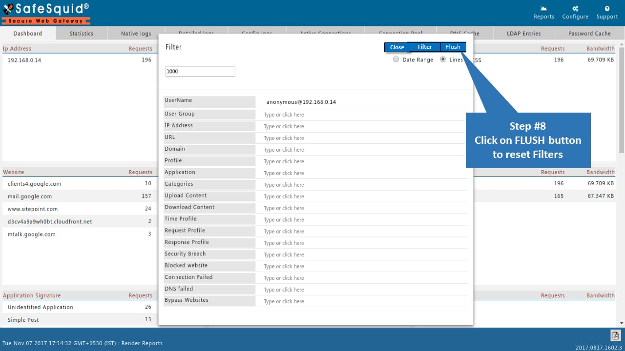 Flush button to reset report filters