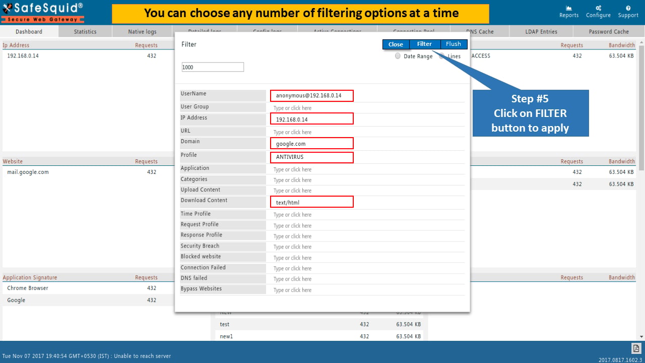 Choose filtering options to view SafeSquid report