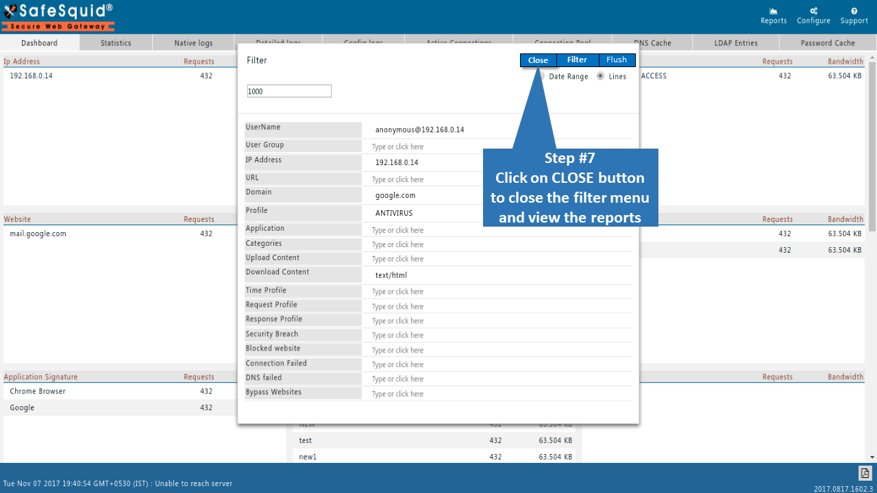 Close filter menu in SafeSquid report
