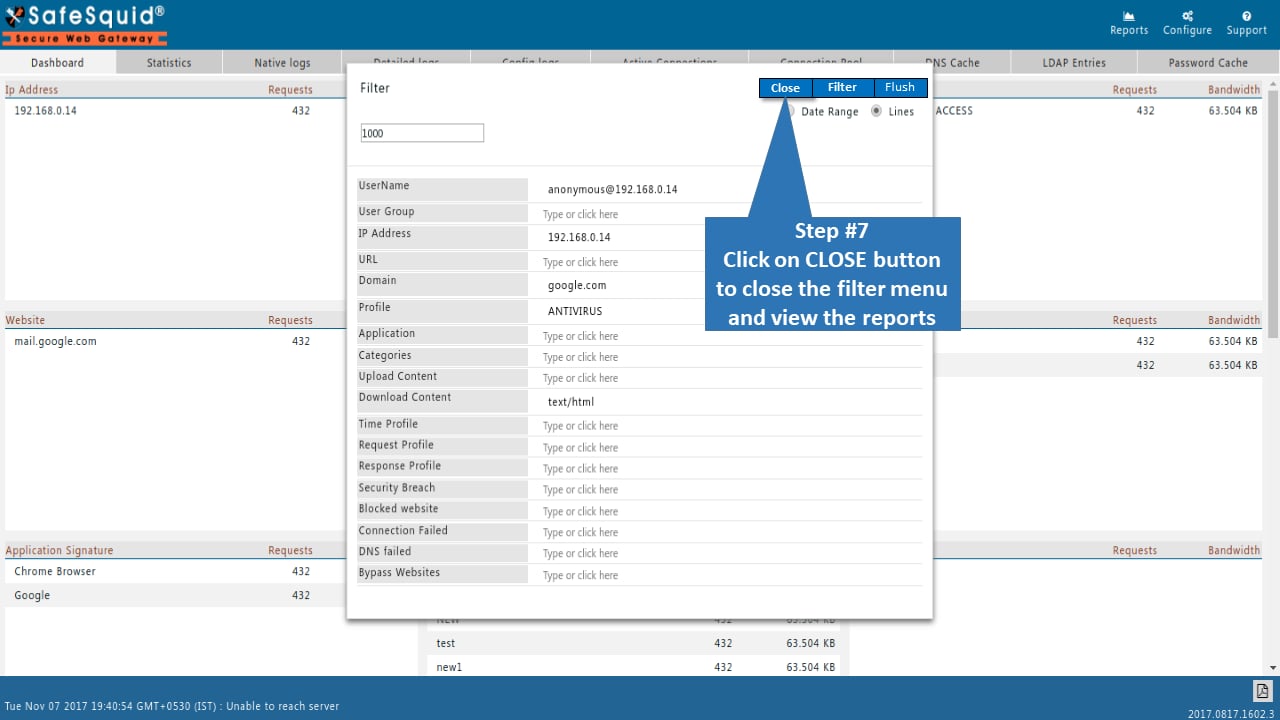Close filter menu in SafeSquid report