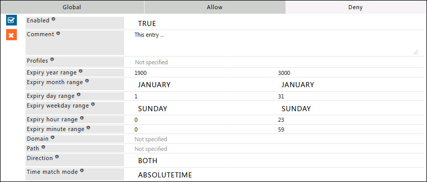 Cookie Filter Deny sub-section with rule list