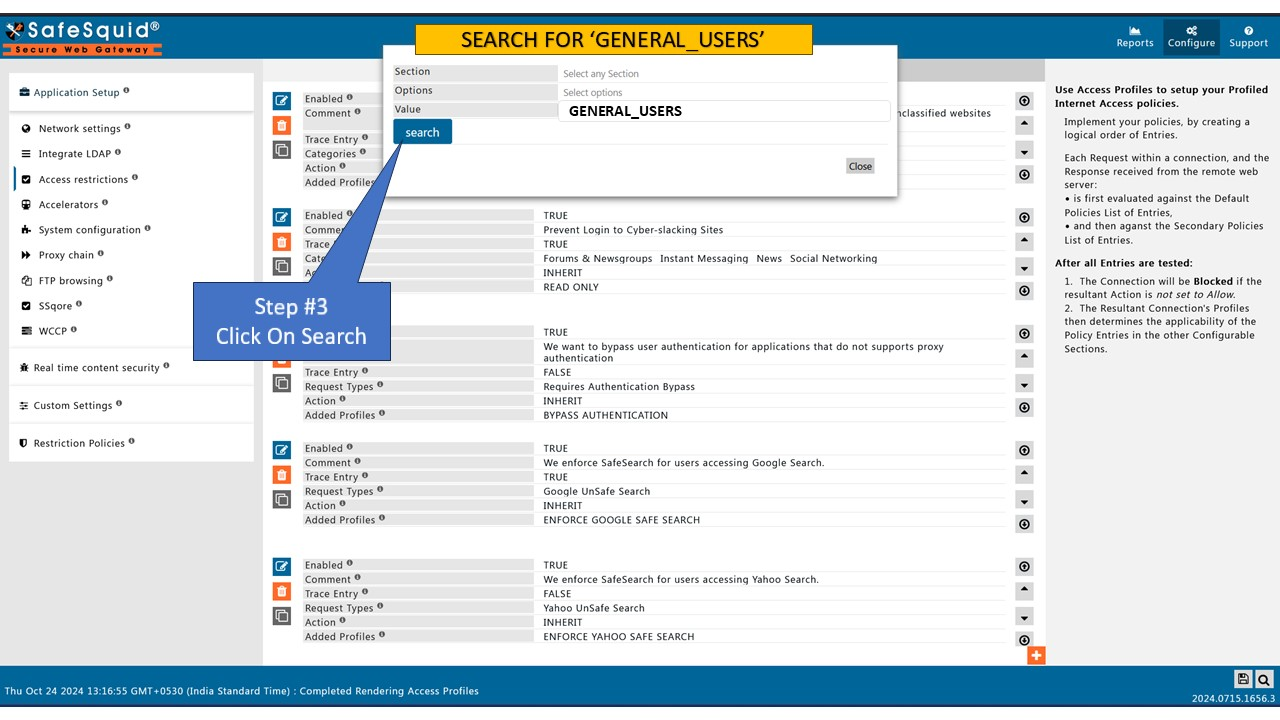 Application Signatures or user list in SafeSquid interface