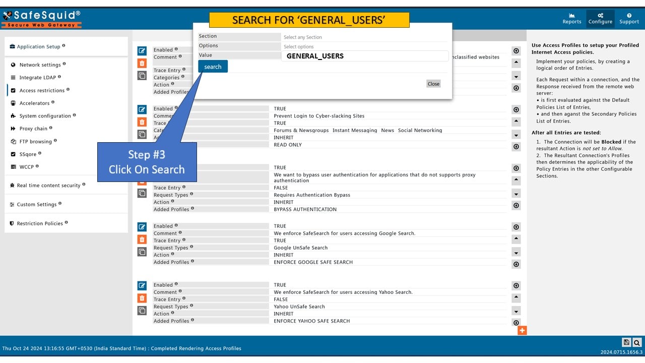 Application Signatures or user list in SafeSquid interface