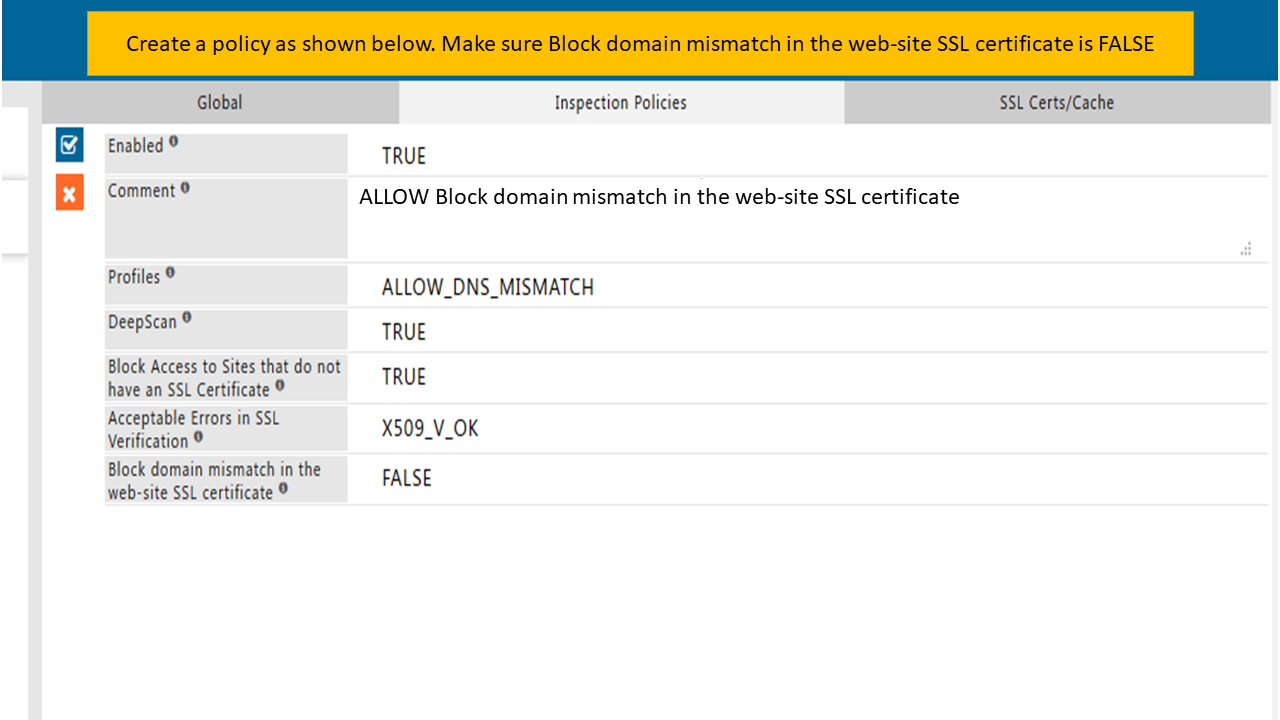 showing settings to configure a security policy, allowing "block domain mismatch in the website ssl certificate"