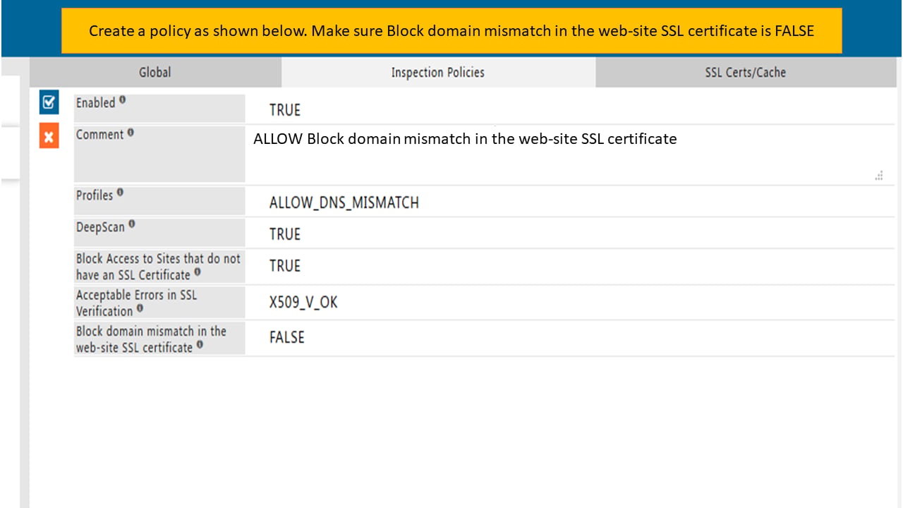 showing settings to configure a security policy, allowing "block domain mismatch in the website ssl certificate"