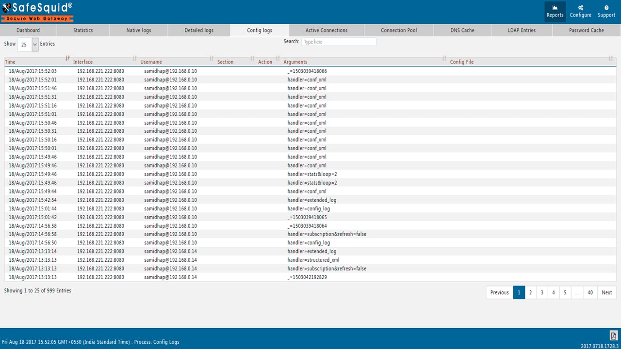 Configuration logs of safesquid