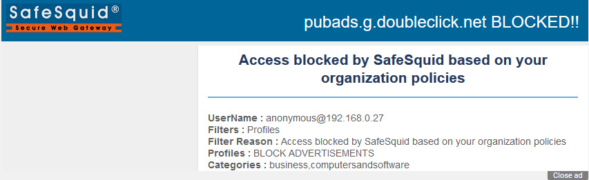 Blocked ad replaced by SafeSquid template on YouTube