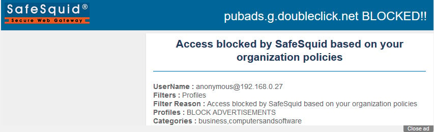 Blocked ad replaced by SafeSquid template on YouTube