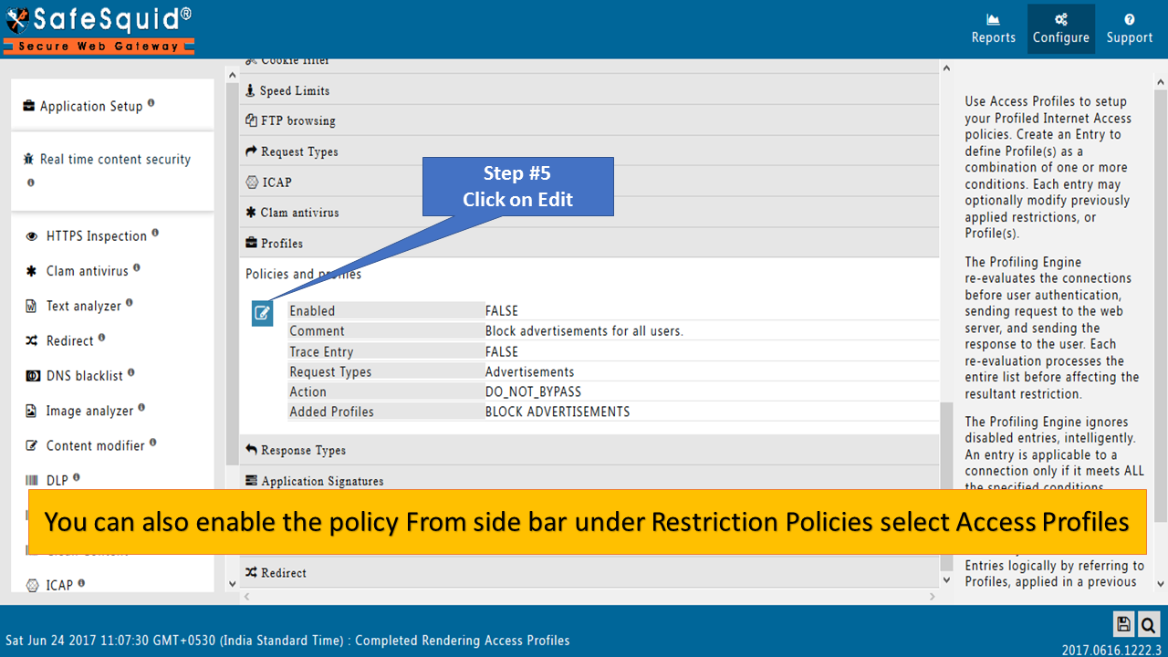 Edit button on the BLOCK ADVERTISEMENT policy row