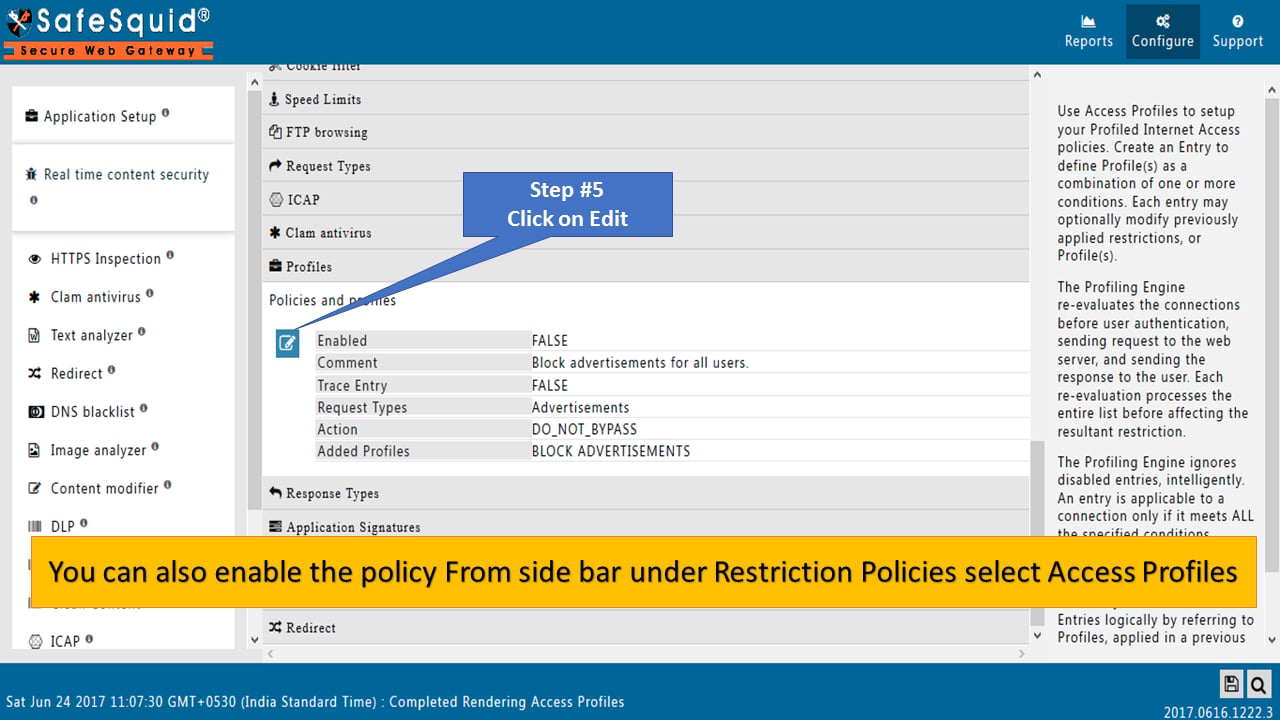 Edit button on the BLOCK ADVERTISEMENT policy row