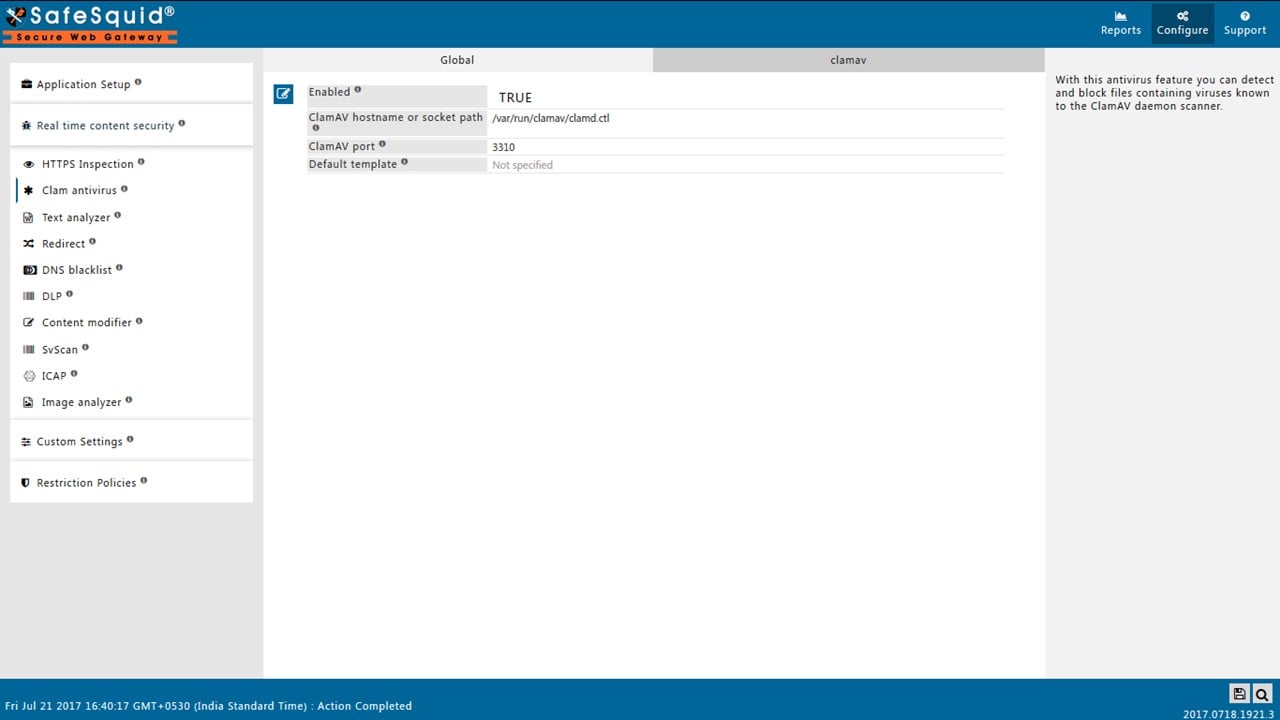 Select Global part of ClamAV Section and make Enabled as True to Block Emails or Files including archives or Social Posts using Keywords
