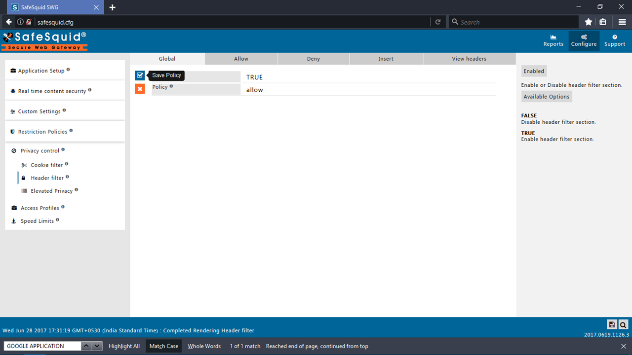 Header filter under Restriction Policies
