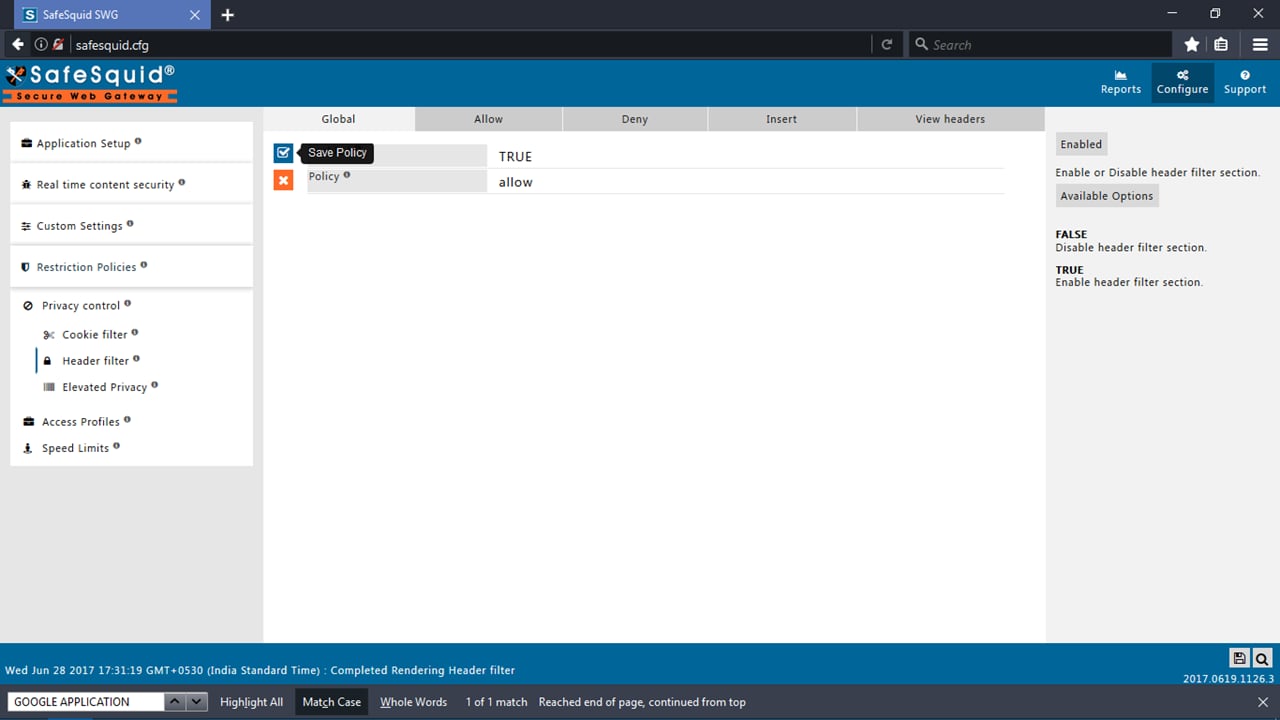 Header filter under Restriction Policies