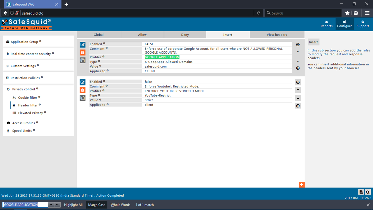 Insert tab and GOOGLE APPLICATION default profile