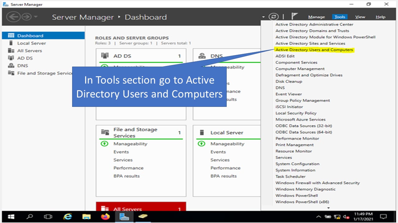 In tools section of AD server, going to active directory users and computers