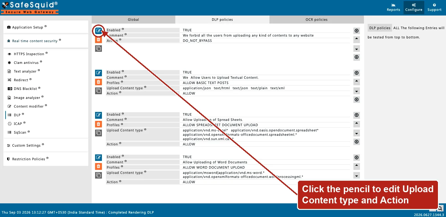 SafeSquid console showing DLP policies rows with Upload Content type regexes for office document uploads, the Edit Policies icon on the first row circled