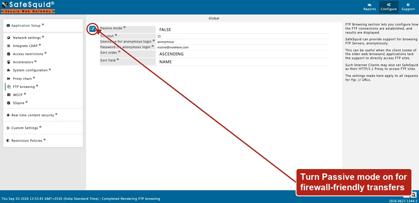 SafeSquid console showing FTP browsing global fields with Passive mode and anonymous login defaults, the Edit Policy icon circled