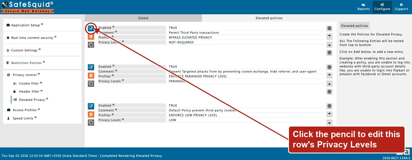 SafeSquid console showing Elevated Privacy policy rows with NOT-REQUIRED, PARANOID, and LOW privacy levels, the Edit Policies icon on the first row circled