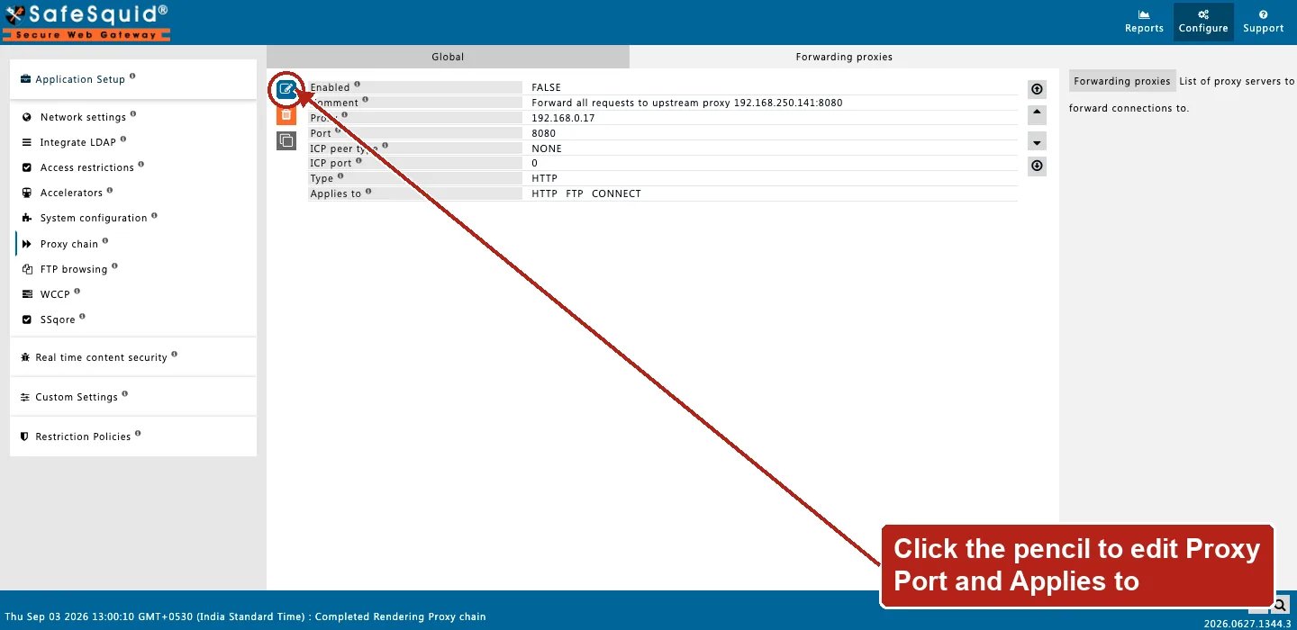 SafeSquid console showing a Forwarding proxies row with an upstream Proxy and Port, the Edit Policies icon circled