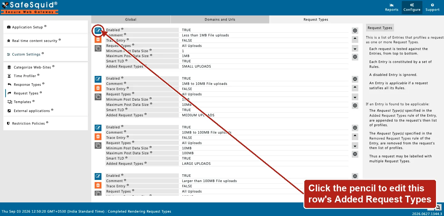 SafeSquid console showing Request Types rows tagging uploads by size, the Edit Policies icon on the first row circled