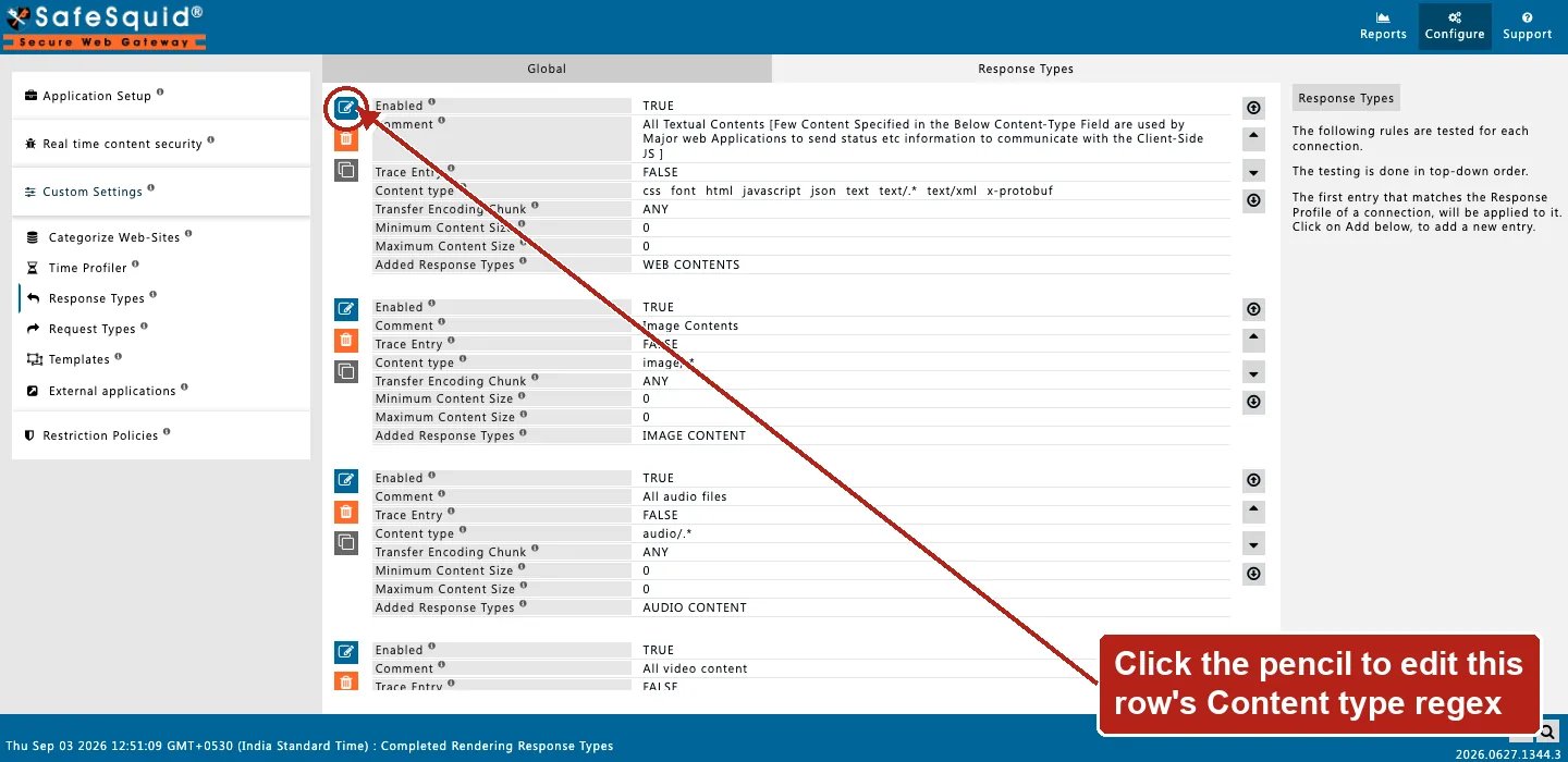 SafeSquid console showing Response Types rows with the Content type regex field, the Edit Policies icon on the first row circled