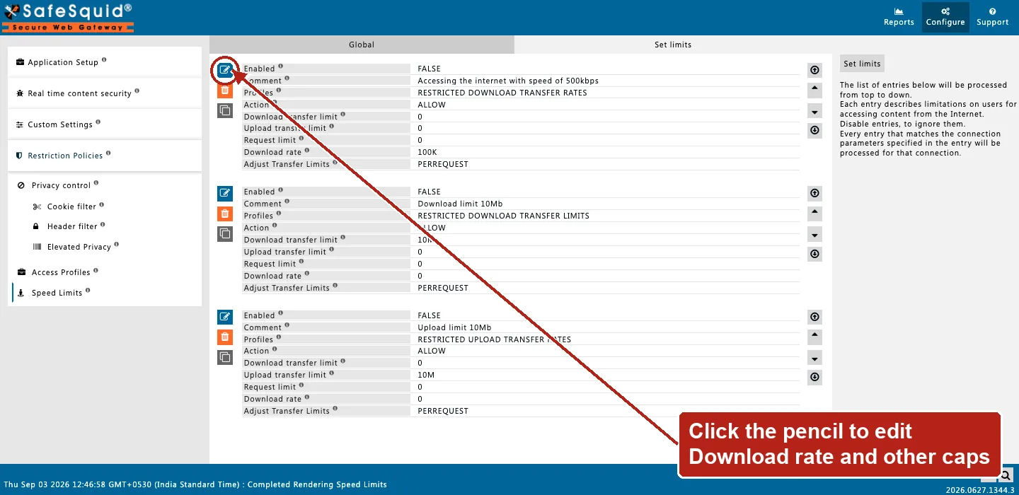 SafeSquid console showing Speed Limits rows with Download rate and transfer limit fields, the Edit Policies icon on the first row circled