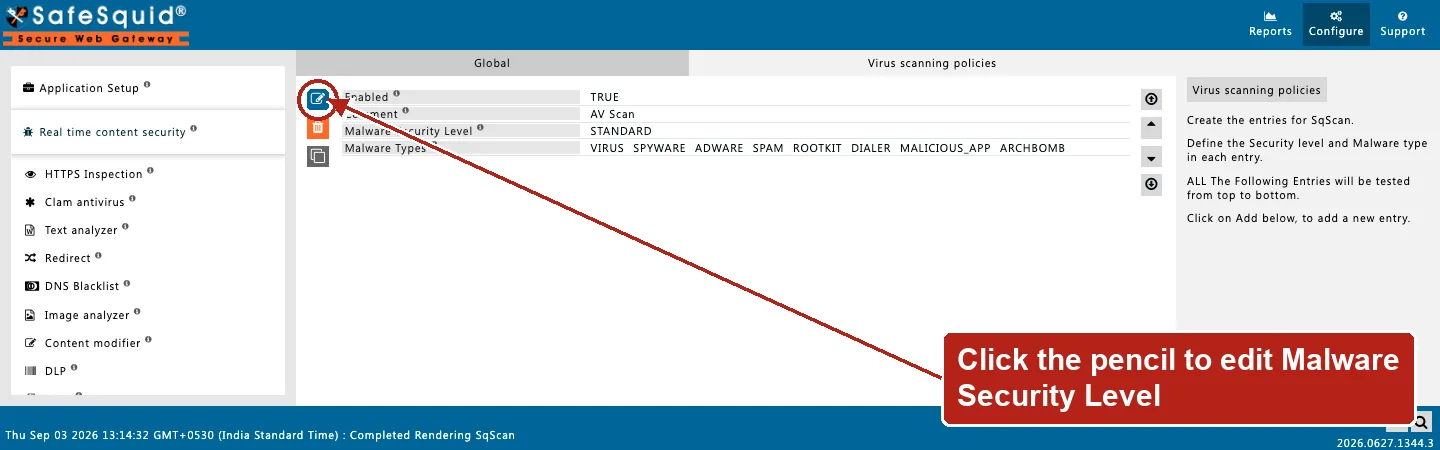 SafeSquid console showing a SqScan Virus scanning policies row with STANDARD Malware Security Level, the Edit Policies icon circled
