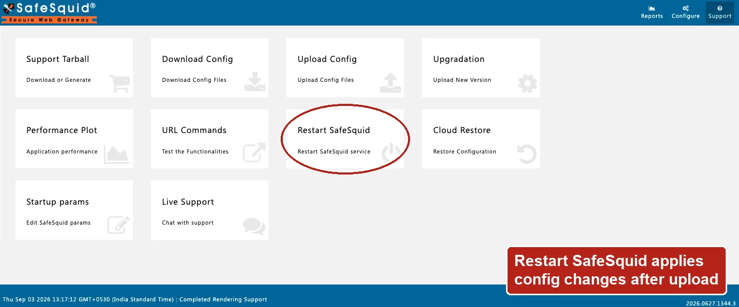 SafeSquid console Support page showing the ten operational tool cards with Restart SafeSquid circled