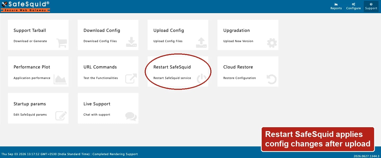 SafeSquid console Support page showing the ten operational tool cards with Restart SafeSquid circled