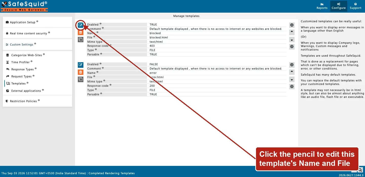 SafeSquid console showing the Manage templates list with the built-in blocked and error templates, the Edit Policies icon on the first row circled