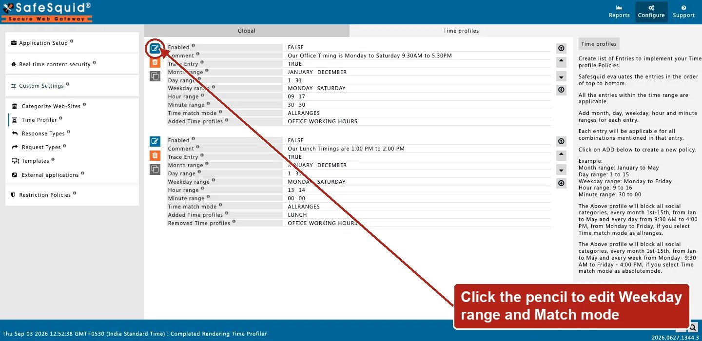 SafeSquid console showing Time profiles rows for office hours and lunch window, the Edit Policies icon on the first row circled