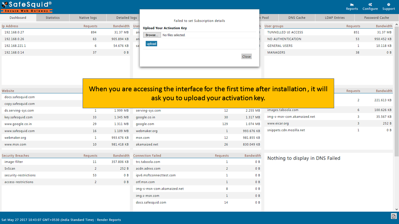Upload activation key prompt in the SafeSquid Configuration Portal