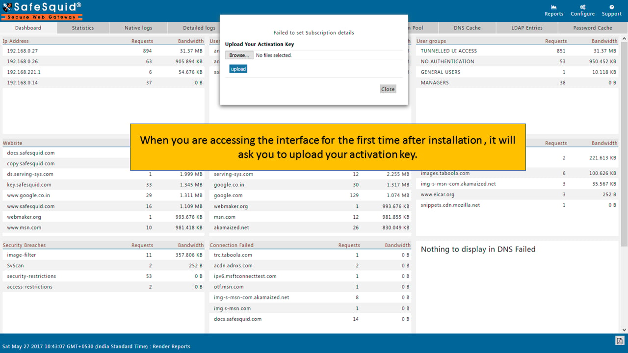 Upload activation key prompt in the SafeSquid Configuration Portal
