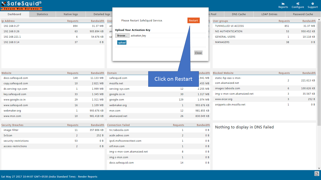 Restart SafeSquid after activation key upload
