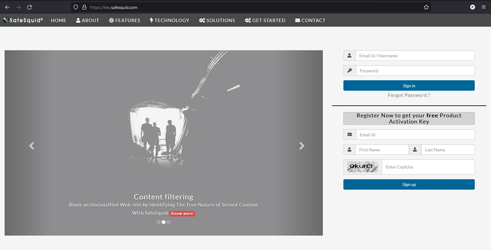 SafeSquid Self-Service Portal registration form with email, name, captcha, and Sign up fields