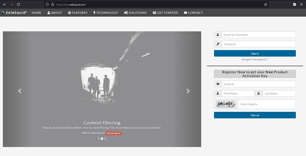 SafeSquid Self-Service Portal registration form with email, name, captcha, and Sign up fields