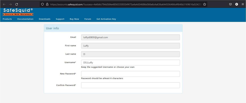 SafeSquid account activation page with username, new password, and confirm password fields
