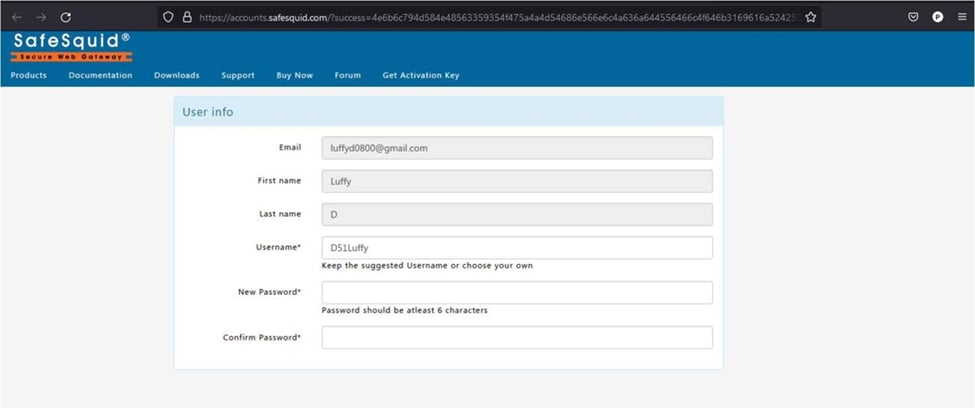 SafeSquid account activation page with username, new password, and confirm password fields