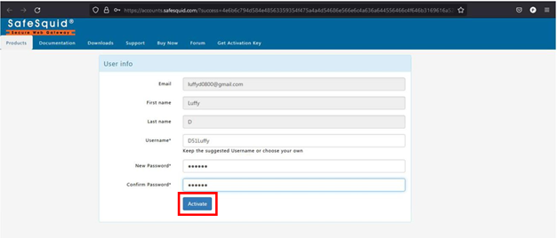 SafeSquid account activation page with the Activate button selected