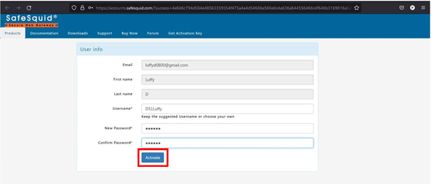 SafeSquid account activation page with the Activate button selected
