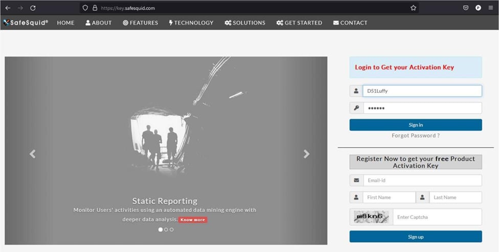 SafeSquid Self-Service Portal sign-in form after account activation