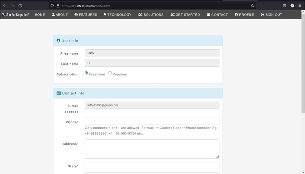 SafeSquid Self-Service Portal profile form with user information and subscription selection