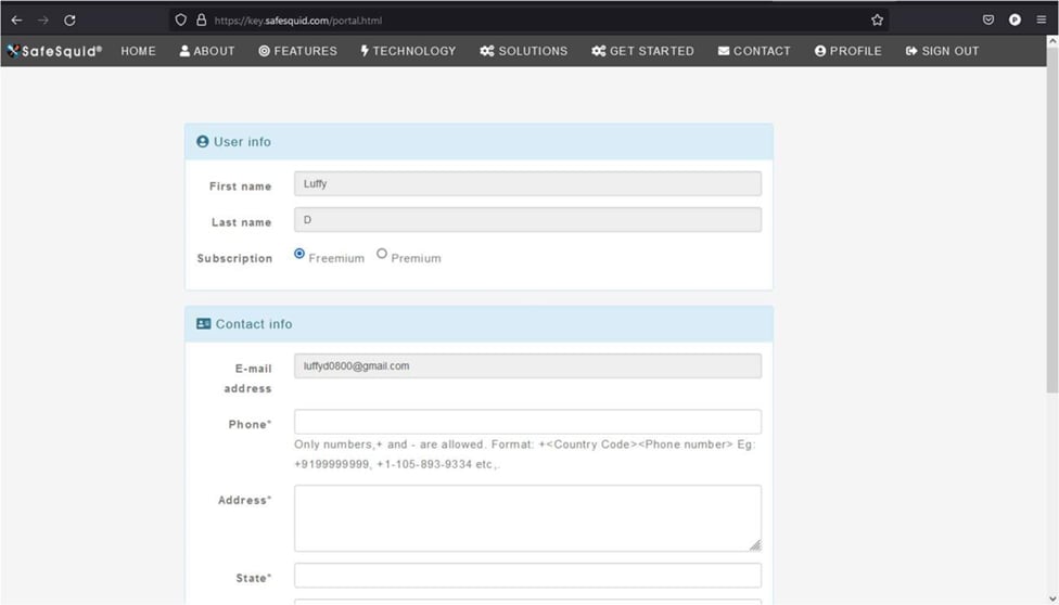 SafeSquid Self-Service Portal profile form with user information and subscription selection
