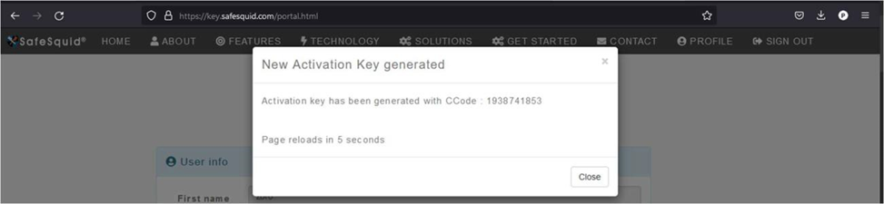 SafeSquid Self-Service Portal dialog confirming a new activation key was generated