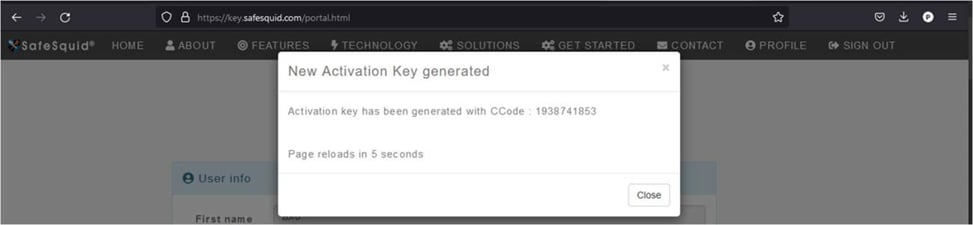 SafeSquid Self-Service Portal dialog confirming a new activation key was generated