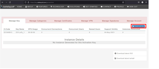 SafeSquid Self-Service Portal Manage Key tab with Download Key button