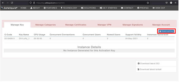 SafeSquid Self-Service Portal Manage Key tab with Download Key button