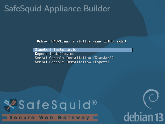 SafeSquid Appliance Builder boot menu showing Standard, Expert, and two Serial Console installation modes