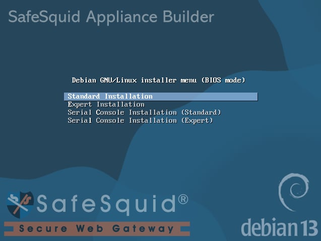 SafeSquid Appliance Builder boot menu showing Standard, Expert, and two Serial Console installation modes