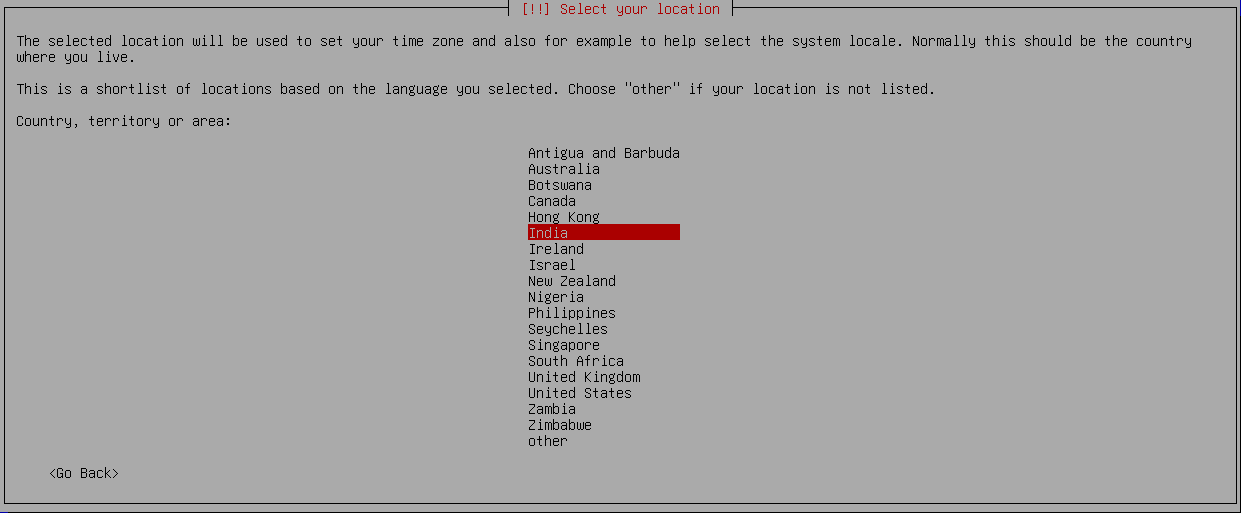 Installer location selection screen, which sets the appliance time zone